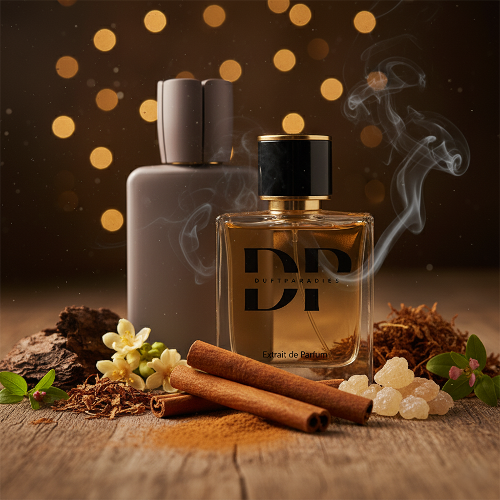 Duftparadies M253 Herod Eau de Parfum Flasche mit goldener Verpackung und schwarzem Deckel, elegante Parfümflasche.