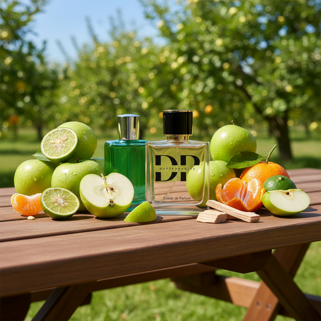 Duftparadies M322 Green fragrance bottle with a sleek design and vibrant green color against a neutral background.