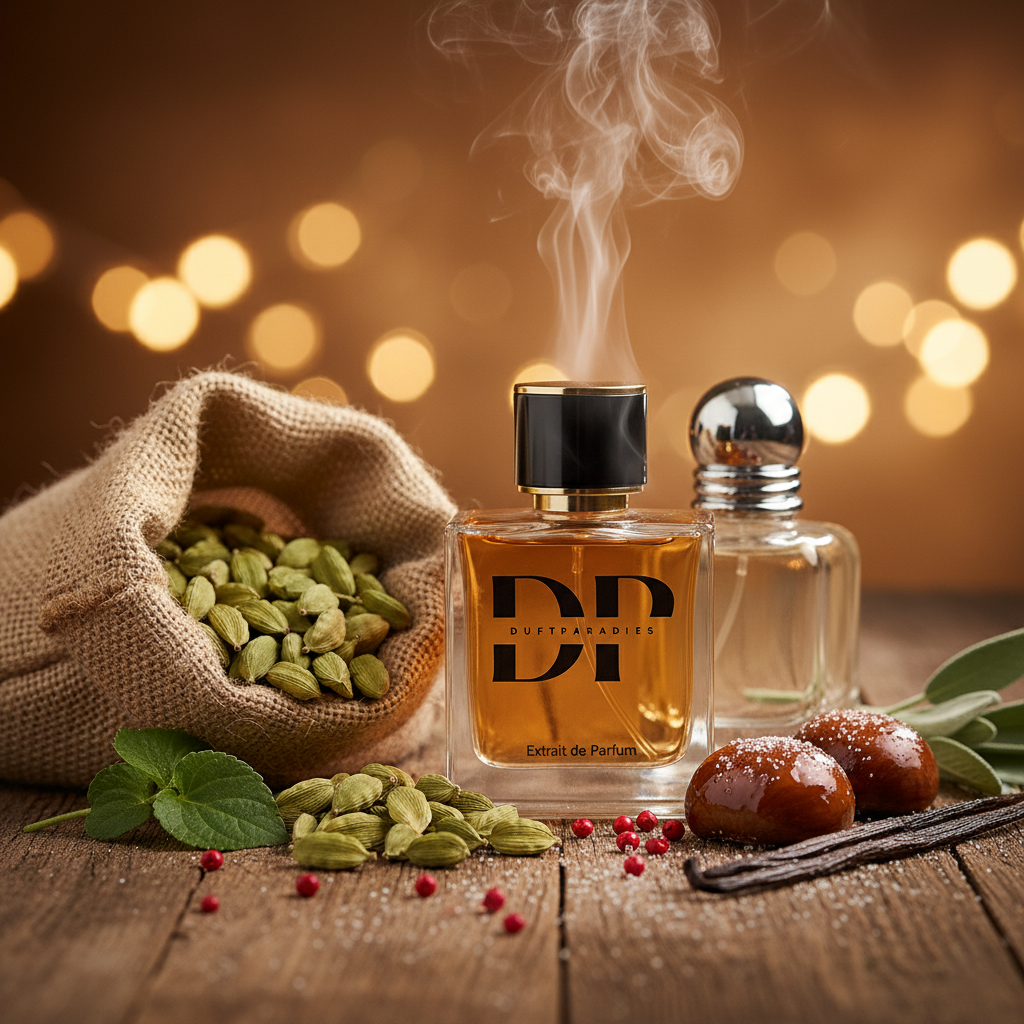 Duftparadies M121 Parfümflasche mit elegantem Design und goldenen Akzenten, auf weißem Hintergrund fotografiert.