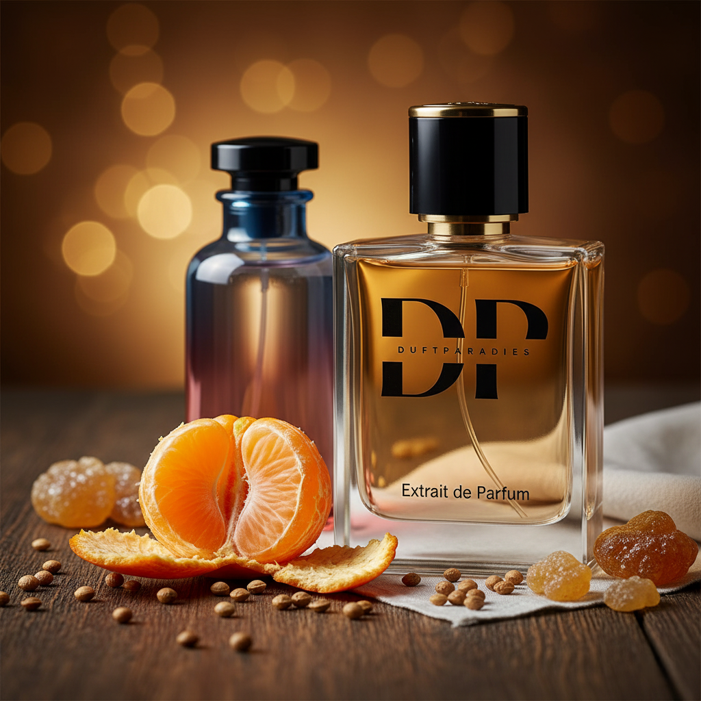 Flasche mit M298 Dreaming in California Duftöl, 40% Duftölanteil, mit blauer Verpackung und Duftzubehör.