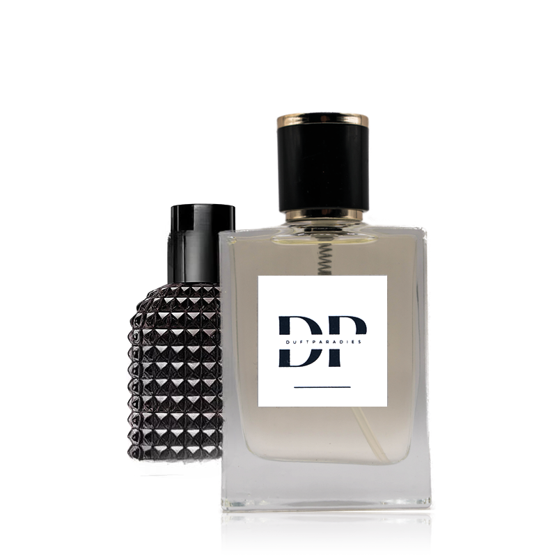 Düfte M89 Uomo Intense von Duftparadies, elegante Flasche mit schwarzem und goldfarbenem Design, Parfümflakon vor dunklem Hintergrund