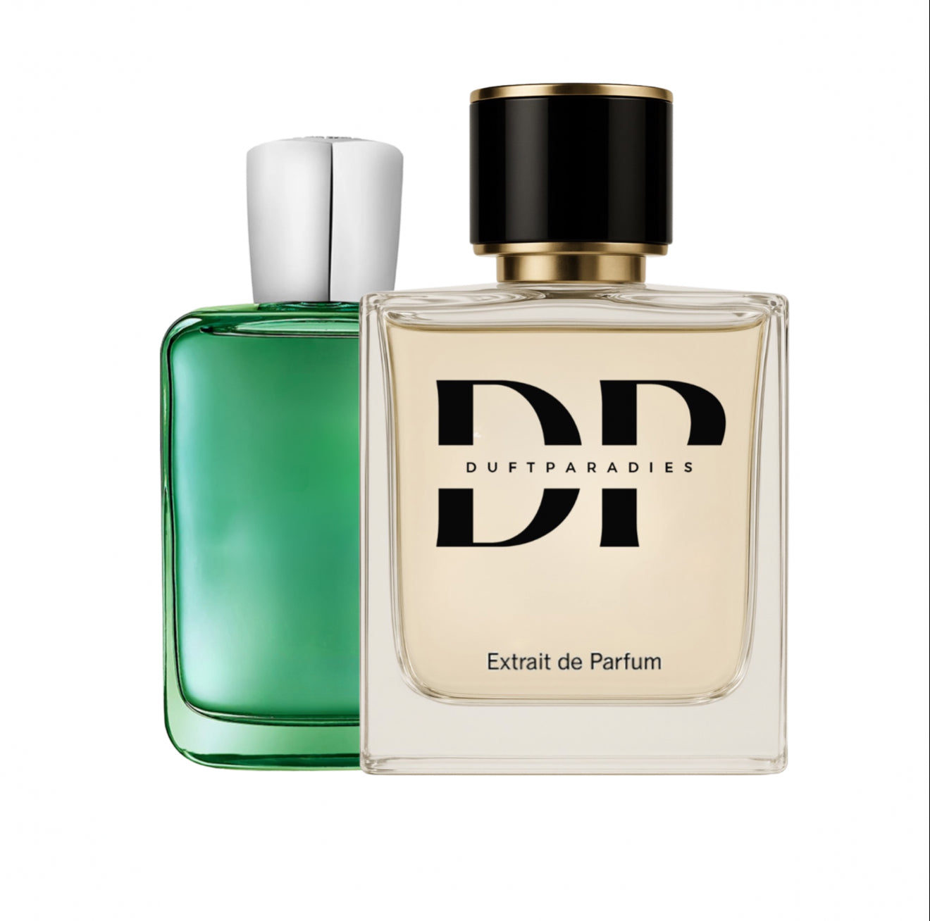 Grüner Duftparadies M322 Parfümflasche mit grünem Design, elegante Verpackung, sichtbare Flasche und Verschluss.