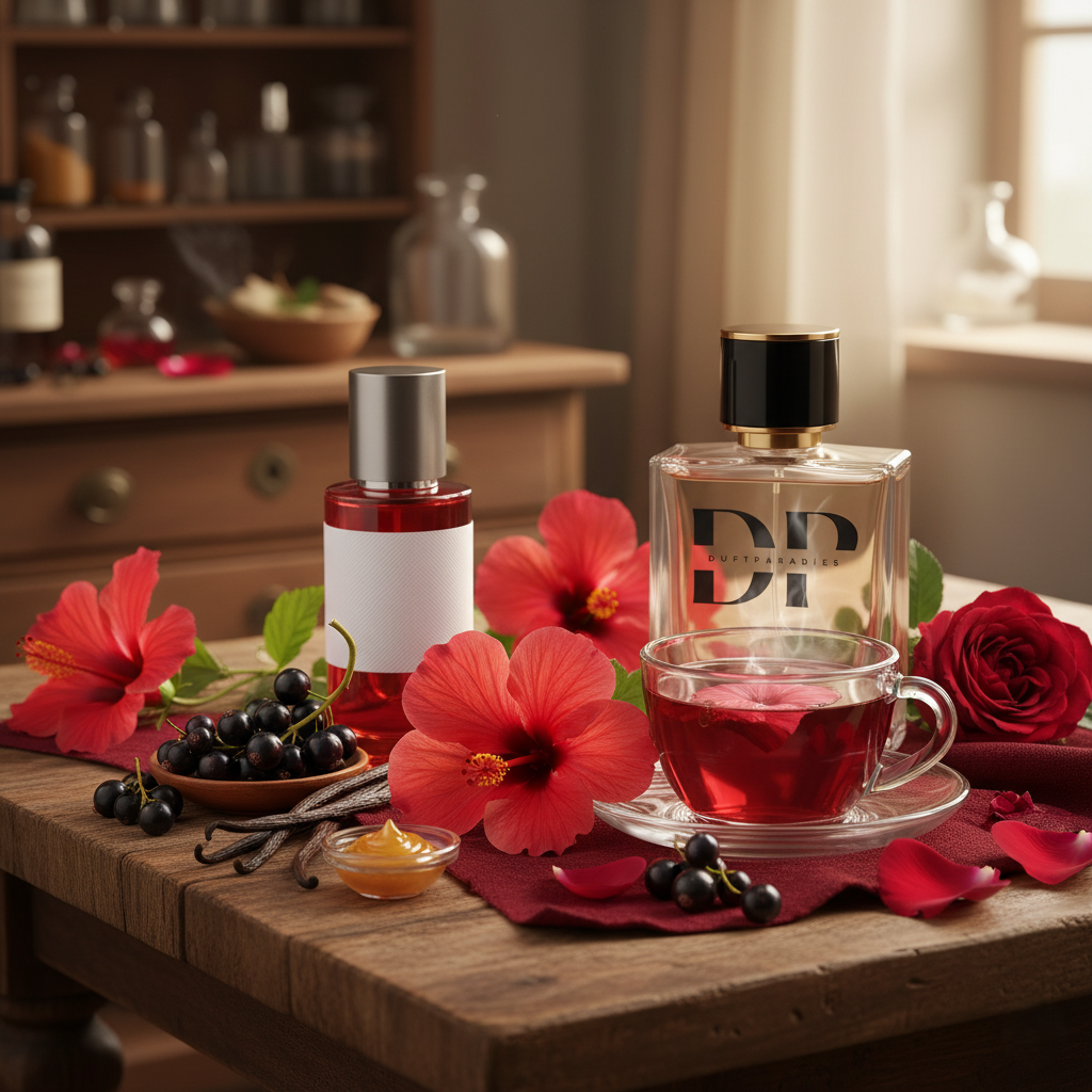 Hibiskus-Duftparadies M323, Nahaufnahme der blühenden Hibiskuspflanze mit roten Blüten und grünen Blättern