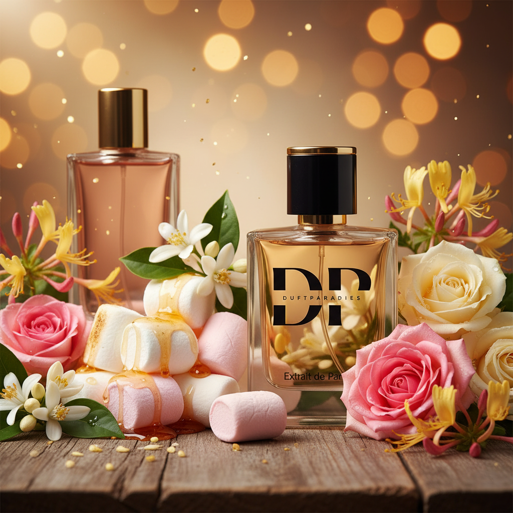 M188 Shy Duftparadies Parfümflasche mit eleganter Gestaltung, sichtbar mit goldener Kappe und floralem Design auf transparentem Glas