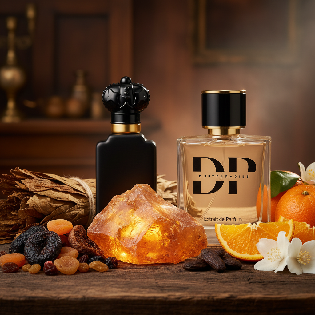 Duftparadies M321 Amber Flasche mit goldener Verpackung und amberfarbener Flüssigkeit, elegantes Parfümbild