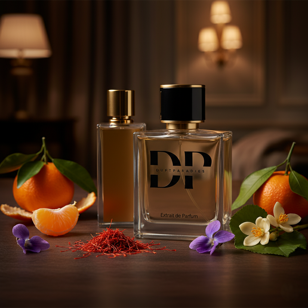 Duftparadies M320 Ganymede Parfümflasche mit eleganter Gestaltung, Blick auf das Produkt und das Duftparadies-Branding