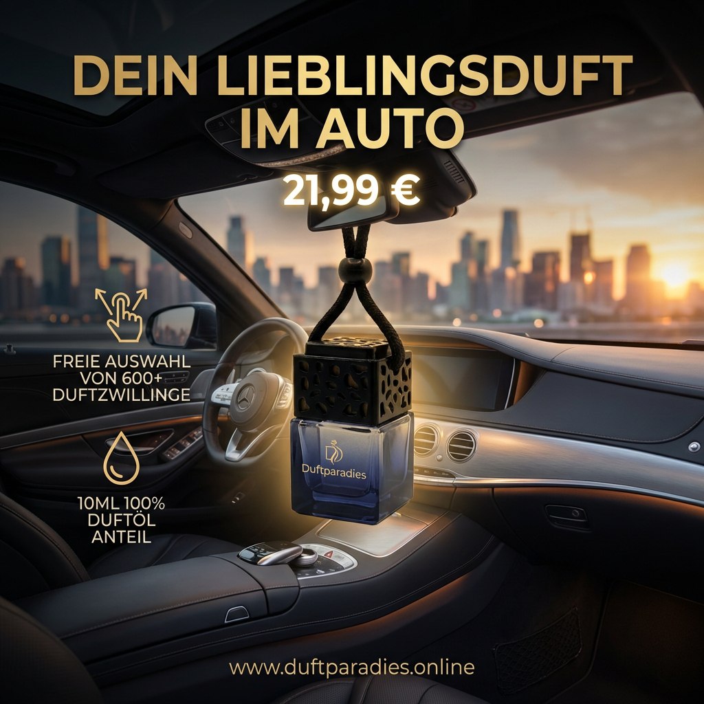 Autoduft von Duftparadies Kismet, Flasche mit Duftöl und Packung mit Autoduft-Refills, für Auto-Lufterfrischer.