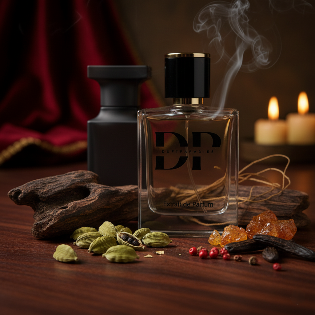 Flasche mit M77 Oud Duftparadies Parfüm, goldene Verpackung und elegantes Design, Nahaufnahme des Flakons.