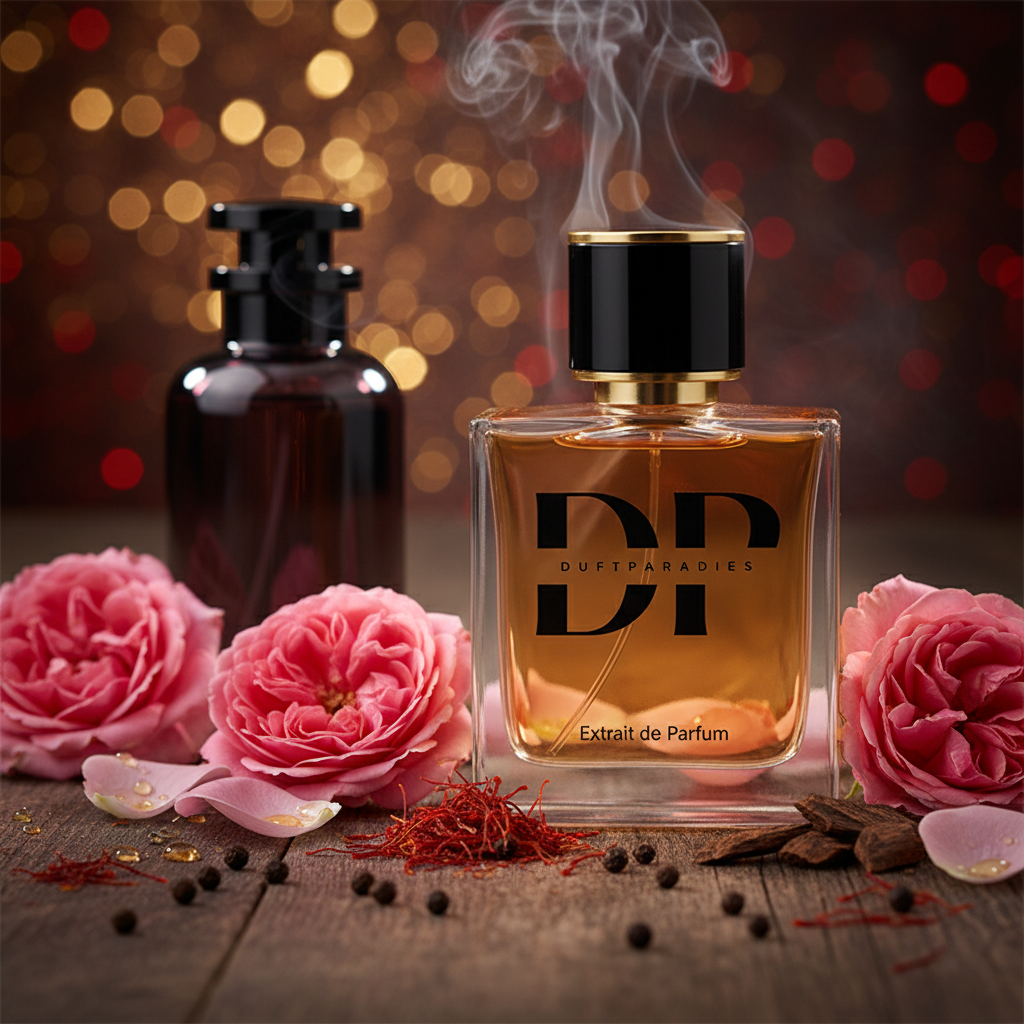 Duftparadies M139 Le Roses Parfümflasche mit rosigem Design und floralem Etikett, elegant präsentiert auf weißem Hintergrund.