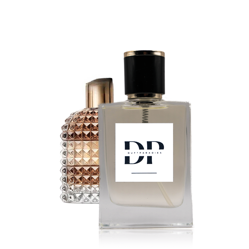 Duftparadies M51 Parfümflasche mit eleganter Gestaltung und goldener Kappe, auf weißem Hintergrund.
