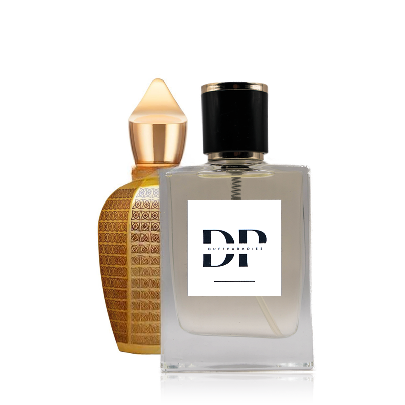 Duftparadies M215 Luxor Parfümflasche mit goldener Kappe auf weißem Hintergrund
