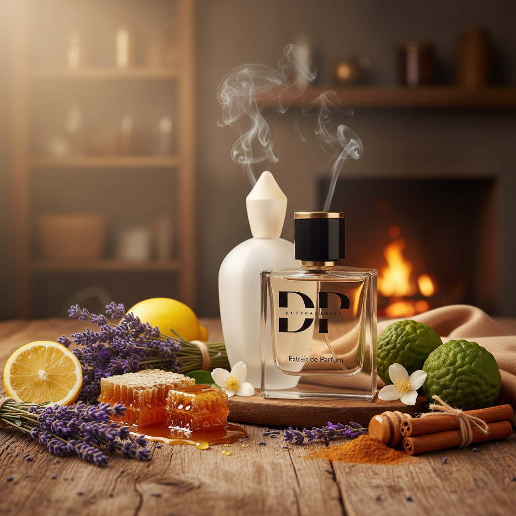 Duftparadies M180 Naxos Pox Parfümflasche mit goldener Verpackung und eleganten Details, auf weißem Hintergrund.