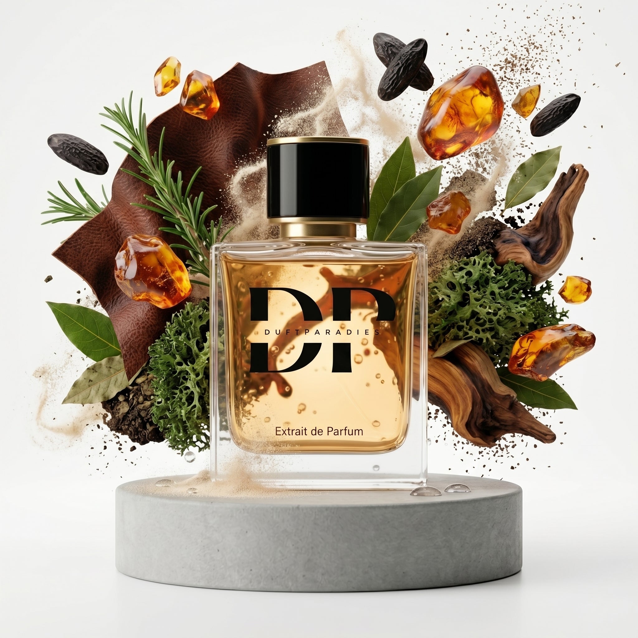 Dufthparadies M135 Little Bit Patchouli Parfümflasche mit goldener Kappe und stilvollem Design, ideal für natürliche Duftliebhaber