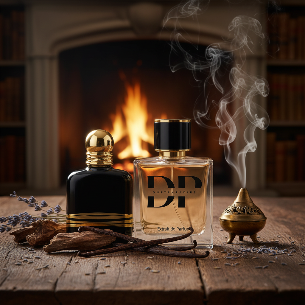 Dufparadies M240 Smoky Oud Parfümflasche mit dunklem Design und goldenen Akzenten, zeigt die elegante Verpackung.