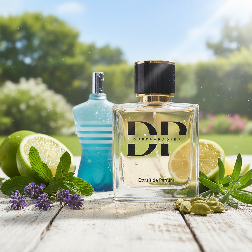 Duftparadies M32 Flasche mit Parfüm, elegant design, zeigt den Duftstoff in einer stilvollen Verpackung