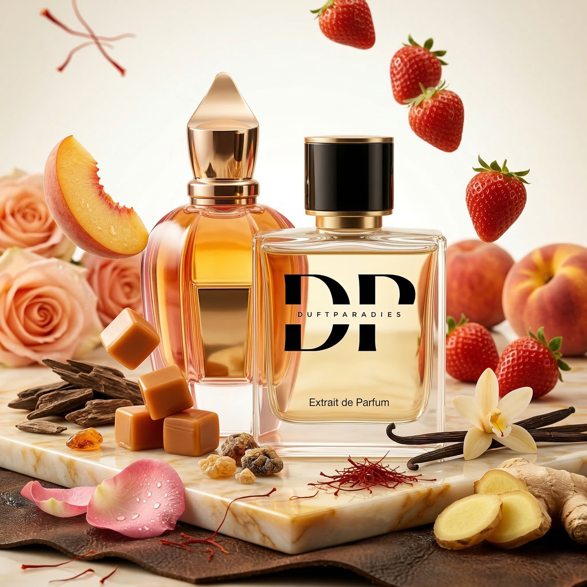 Duftparadies M337 Capital Parfümflasche mit goldfarbenem Design und eleganter Form, auf weißem Hintergrund.