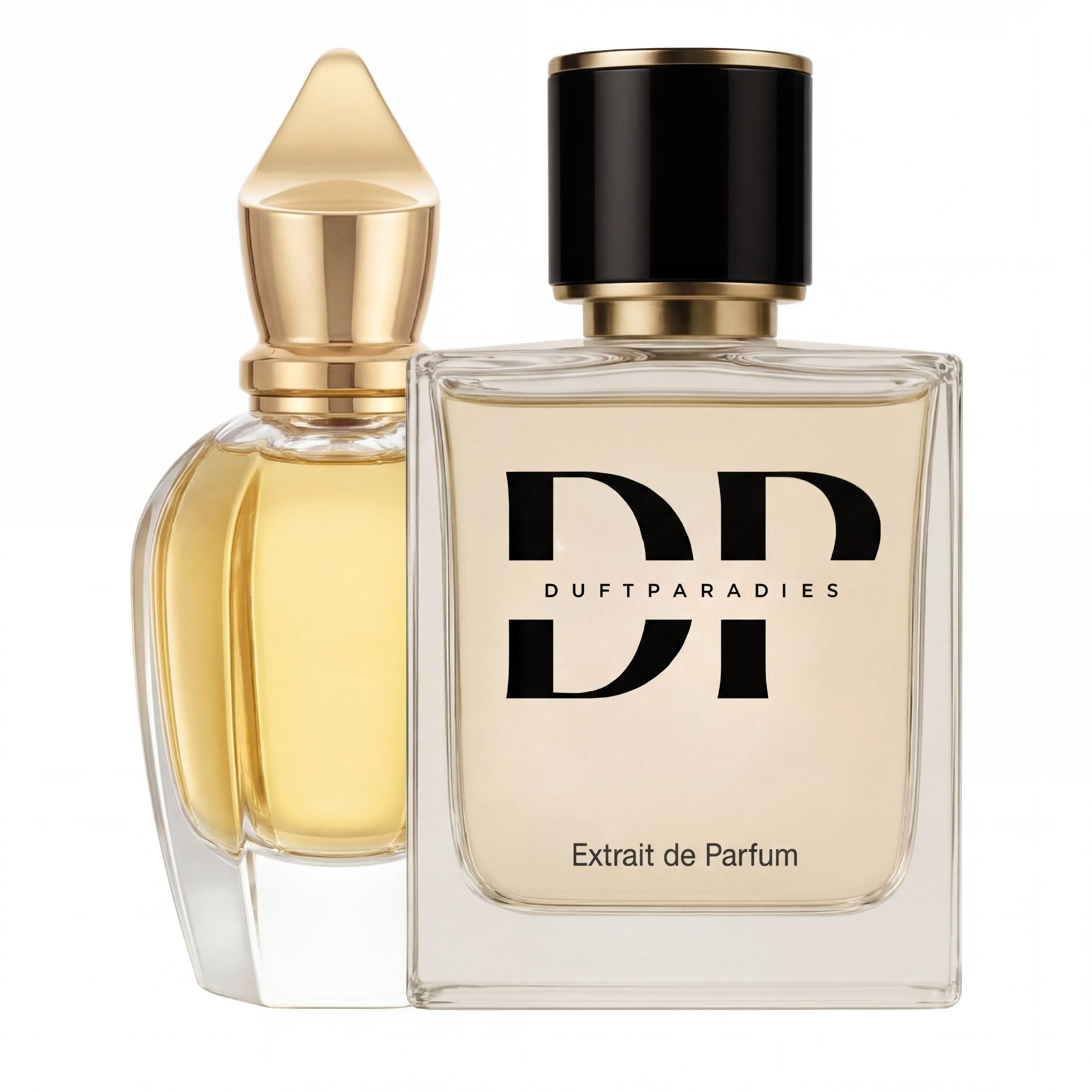 M344 Gibeon Duftparadies Parfümflasche auf weißem Hintergrund, elegante Flasche mit goldener Kappe und stilvollem Design