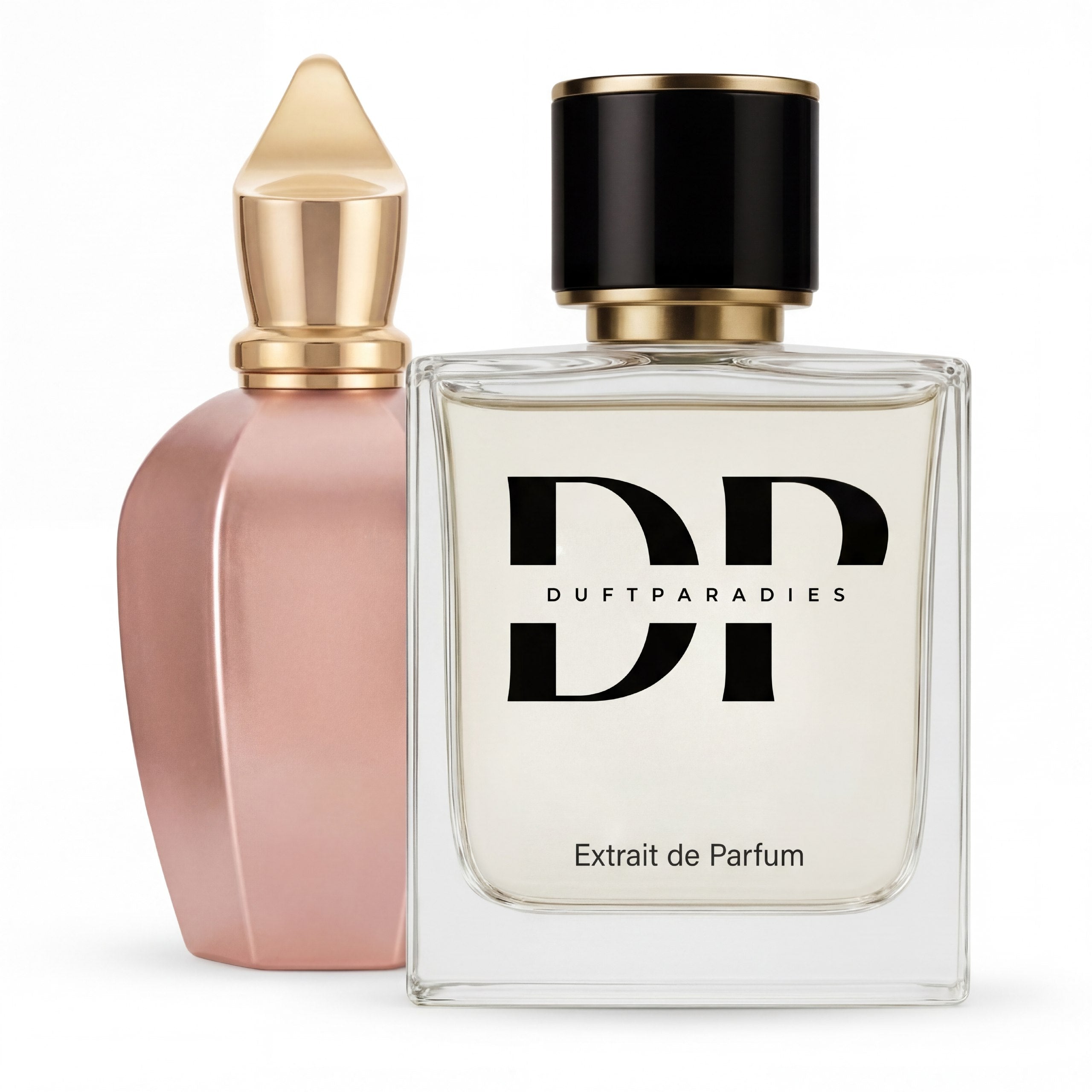 Flasche M348 XV Rosé Duftparadies im eleganten Flakon, Duftparadies Parfüm für Damen und Herren, Parfümflasche auf weißem Hintergrund