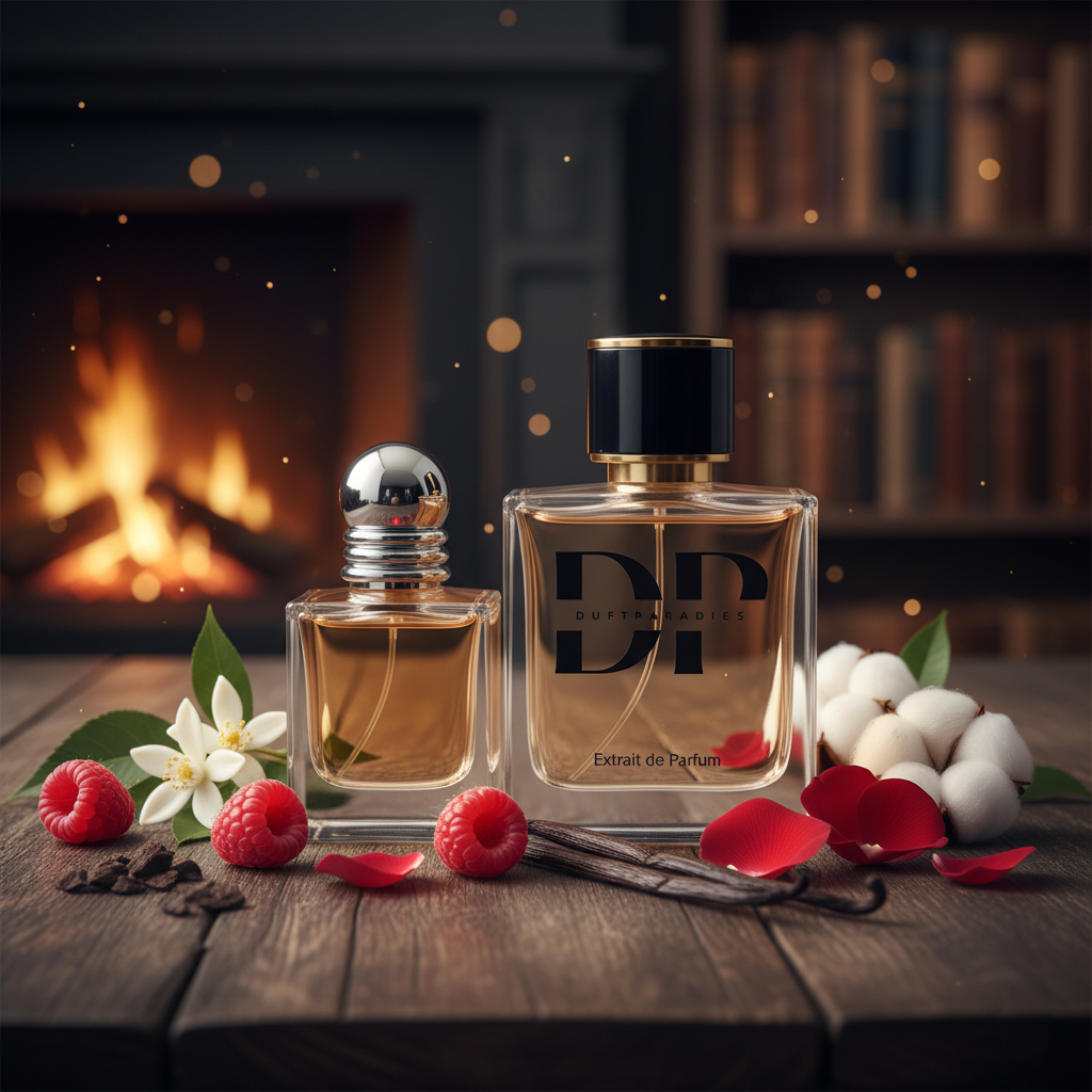 Duftparadies W106 Duftölflasche mit schwarzem Verschluss und floral bedrucktem Etikett auf weißem Hintergrund