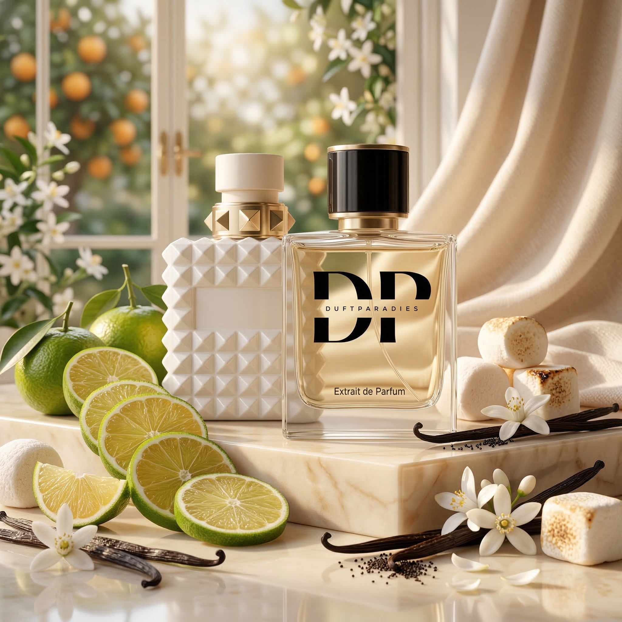 Weißer W209 Born in Ivory Duftparadies Parfümflasche auf weißem Hintergrund, elegante Verpackung, luxuriöses Design