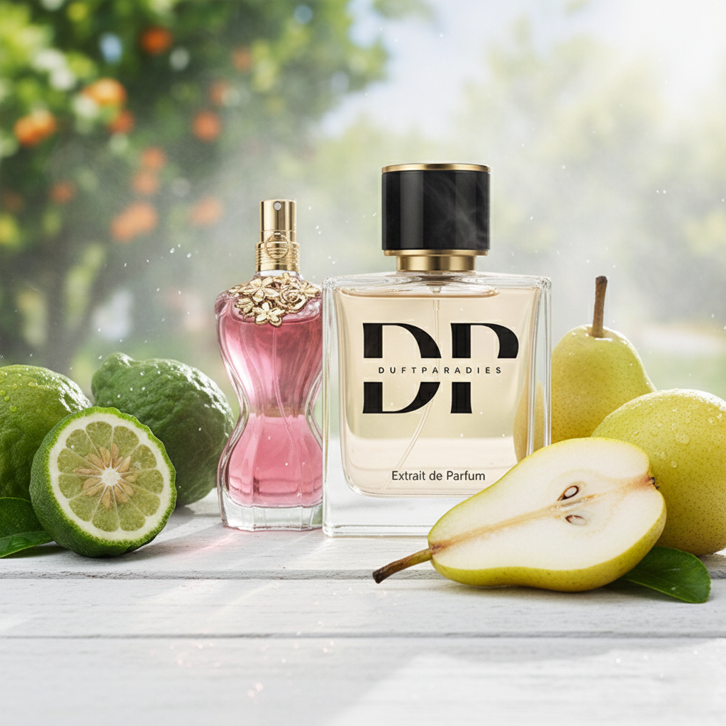 Dufparadies W42 Lady Bella Parfümflasche mit elegantem Design und floralem Duft, auf weißem Hintergrund.