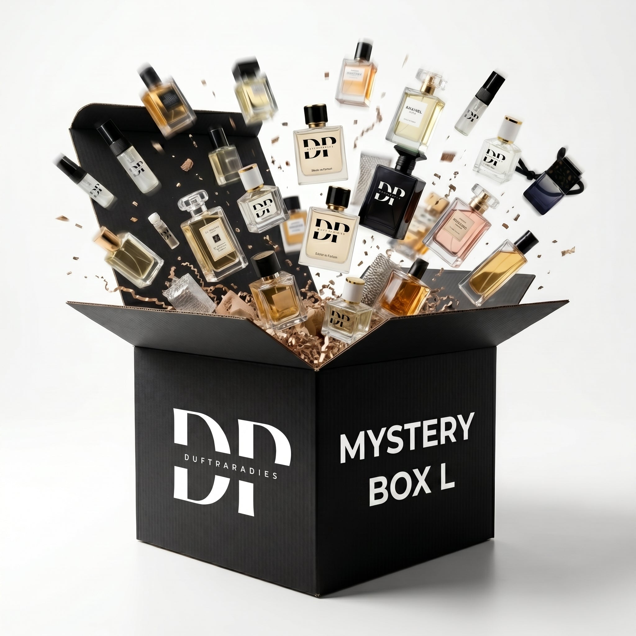 Duftparadies Mystery Box L mit verschiedenen Parfümproben in einer bunten Verpackung, groß und vielfältig.