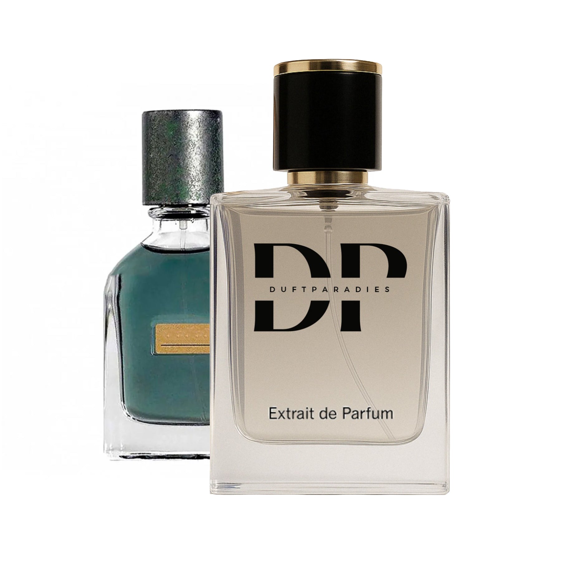 Dufparadies M232 Mega Duftparfüm Flasche mit goldener Verpackung, elegantes Design, auf weißem Hintergrund sichtbar