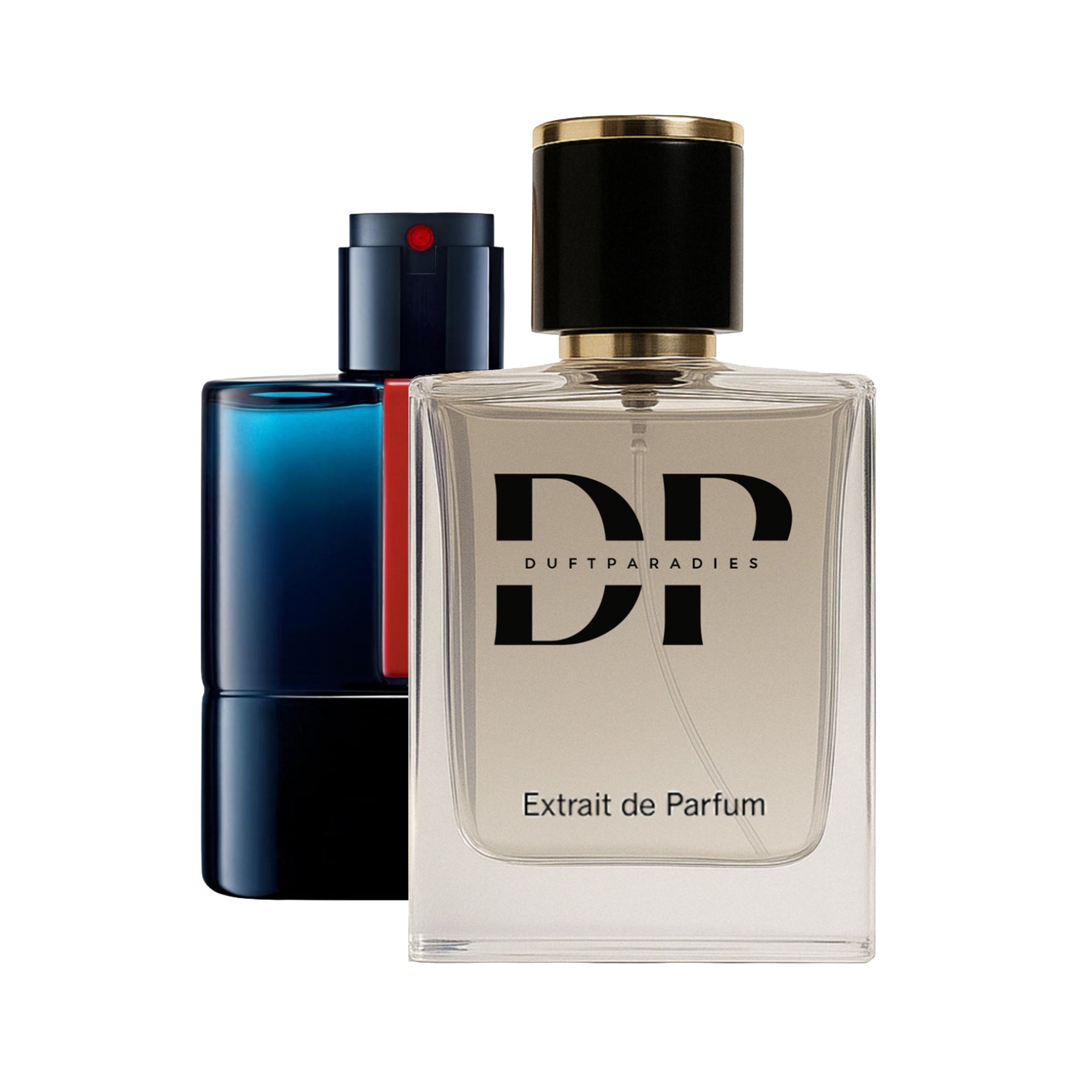 Duftparadies Kismet M268 Ocean Parfümflasche mit blauer Flüssigkeit und elegantem Design auf weißem Hintergrund