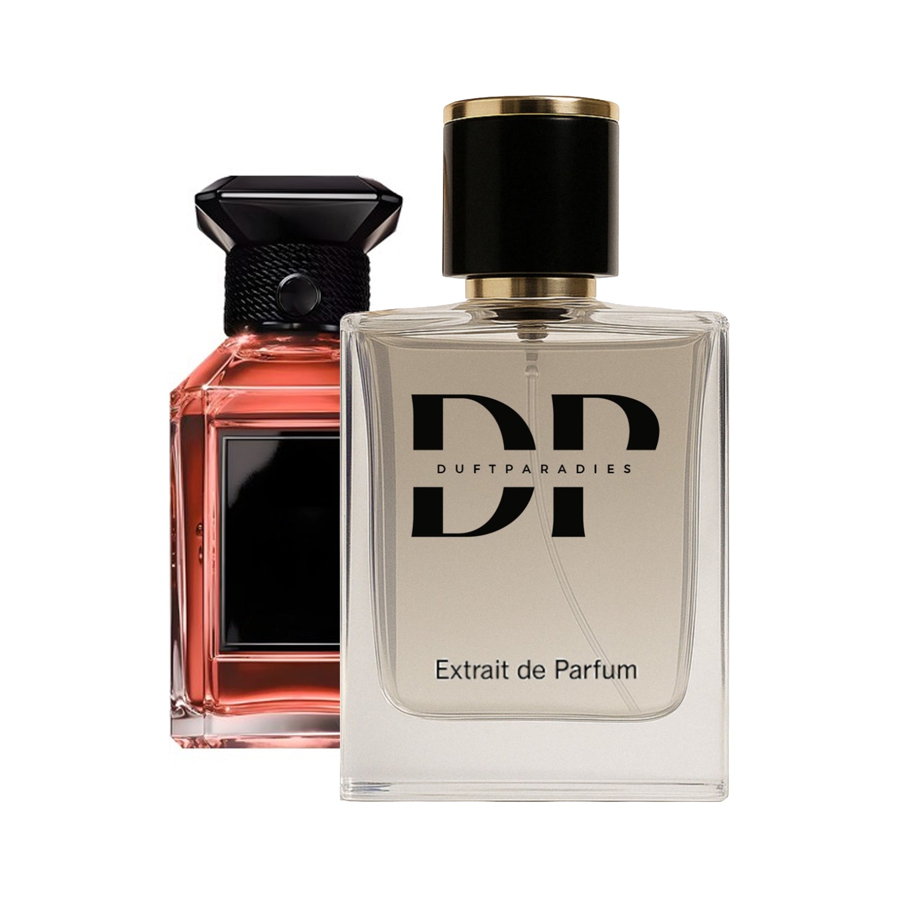 Dufparadies M333 Cherry & Oud Parfümflasche mit rotem Kirsch- und Oud-Duft, elegantes Design, auf weißem Hintergrund.