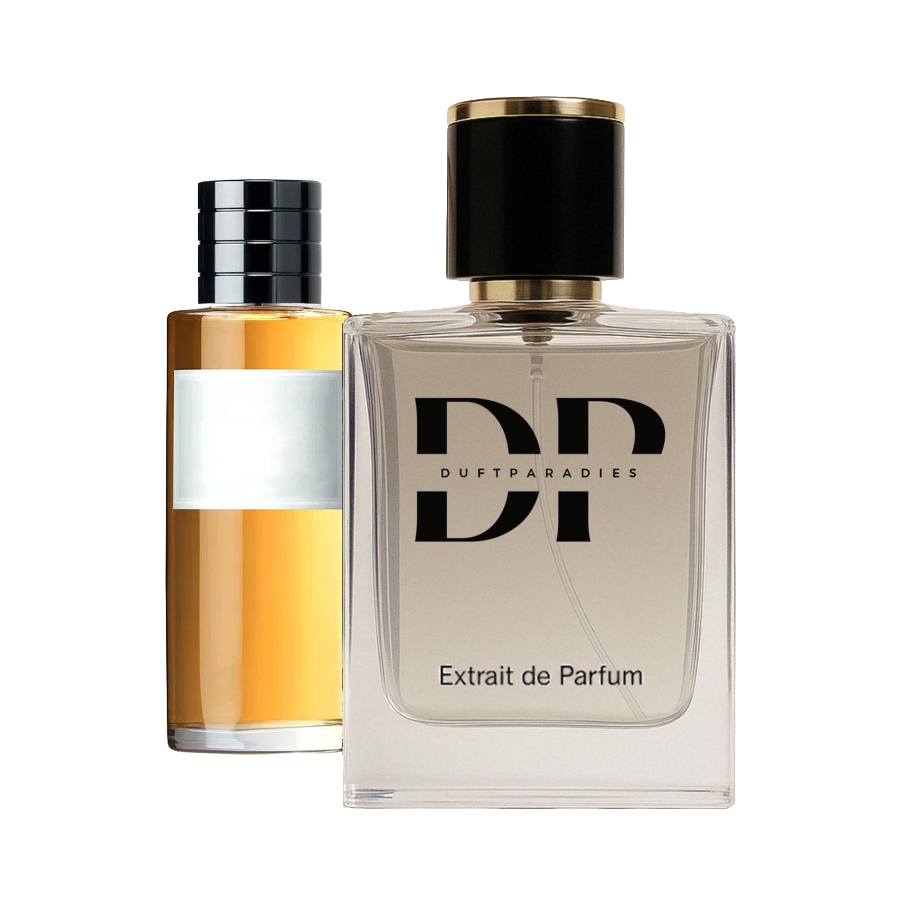 Duftparadies M83 Amber Night Parfümflasche mit goldener Kappe und bernsteinfarbener Flüssigkeit, elegante Duftverpackung.