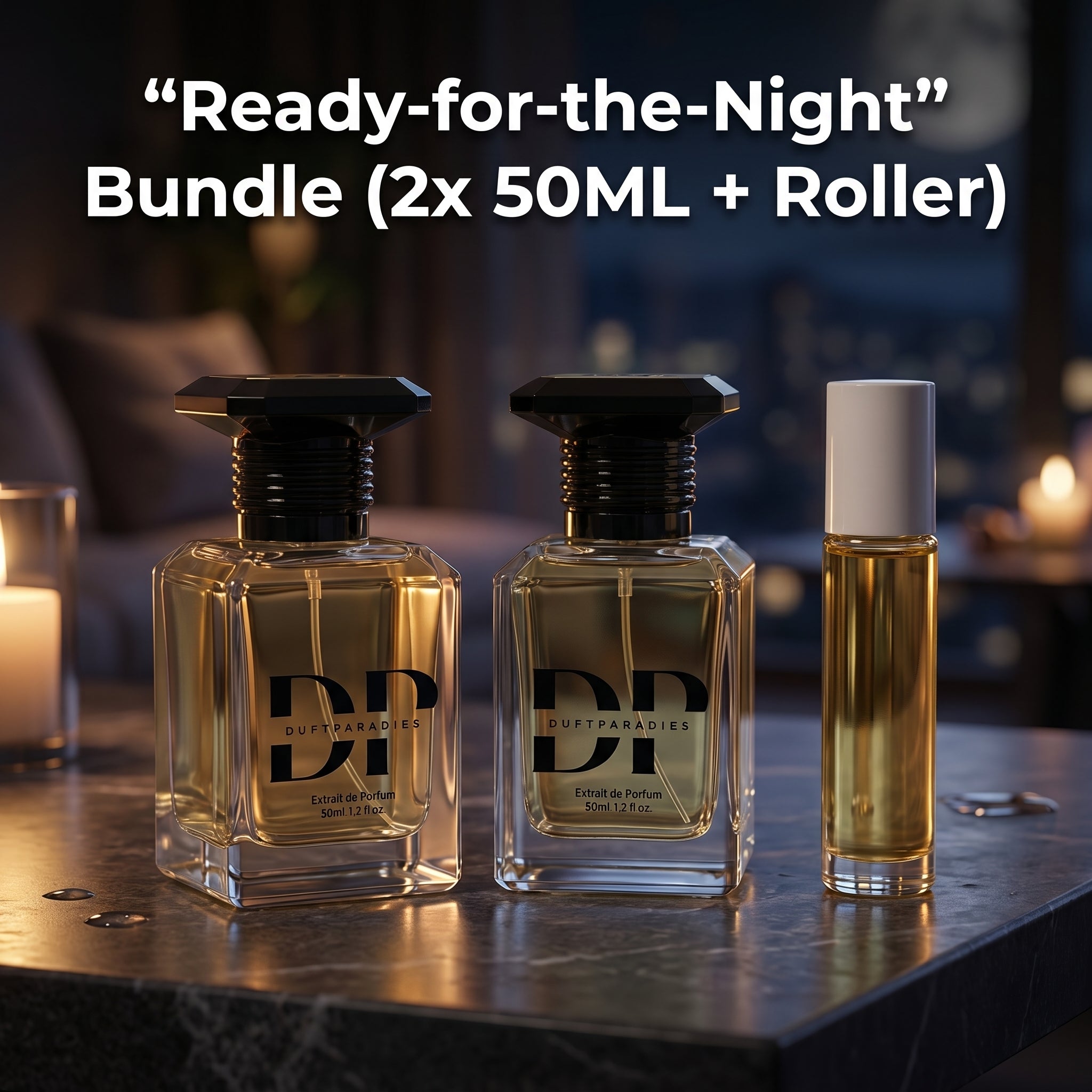 Duftparadies Ready-for-the-Night Bundle mit zwei 50 ml Flaschen und Roll-on für einen verführerischen Duft.
