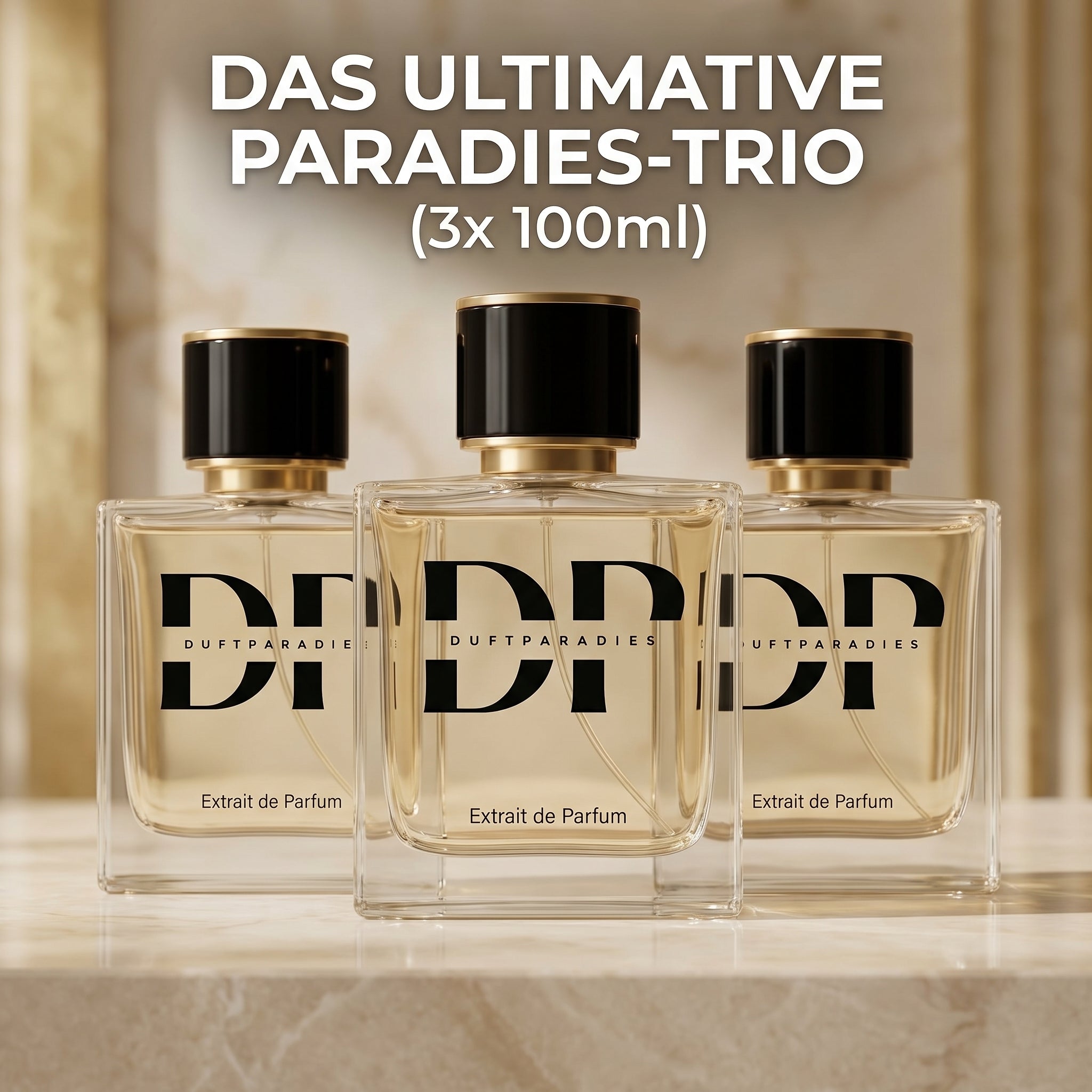 Duftrparadies Paradies-Trio mit drei 100ml Parfümflaschen, elegante Flaschen in einem stilvollen Set.