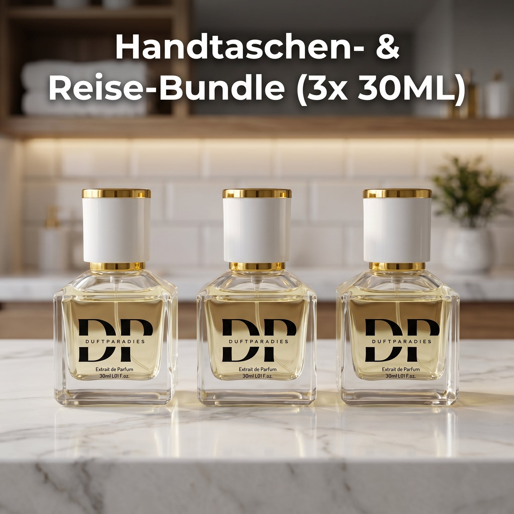 Dufparadies Handtaschen- und Reise-Bundle mit drei 30ml Parfümflaschen, elegante Verpackung und stilvolle Duftflacons.