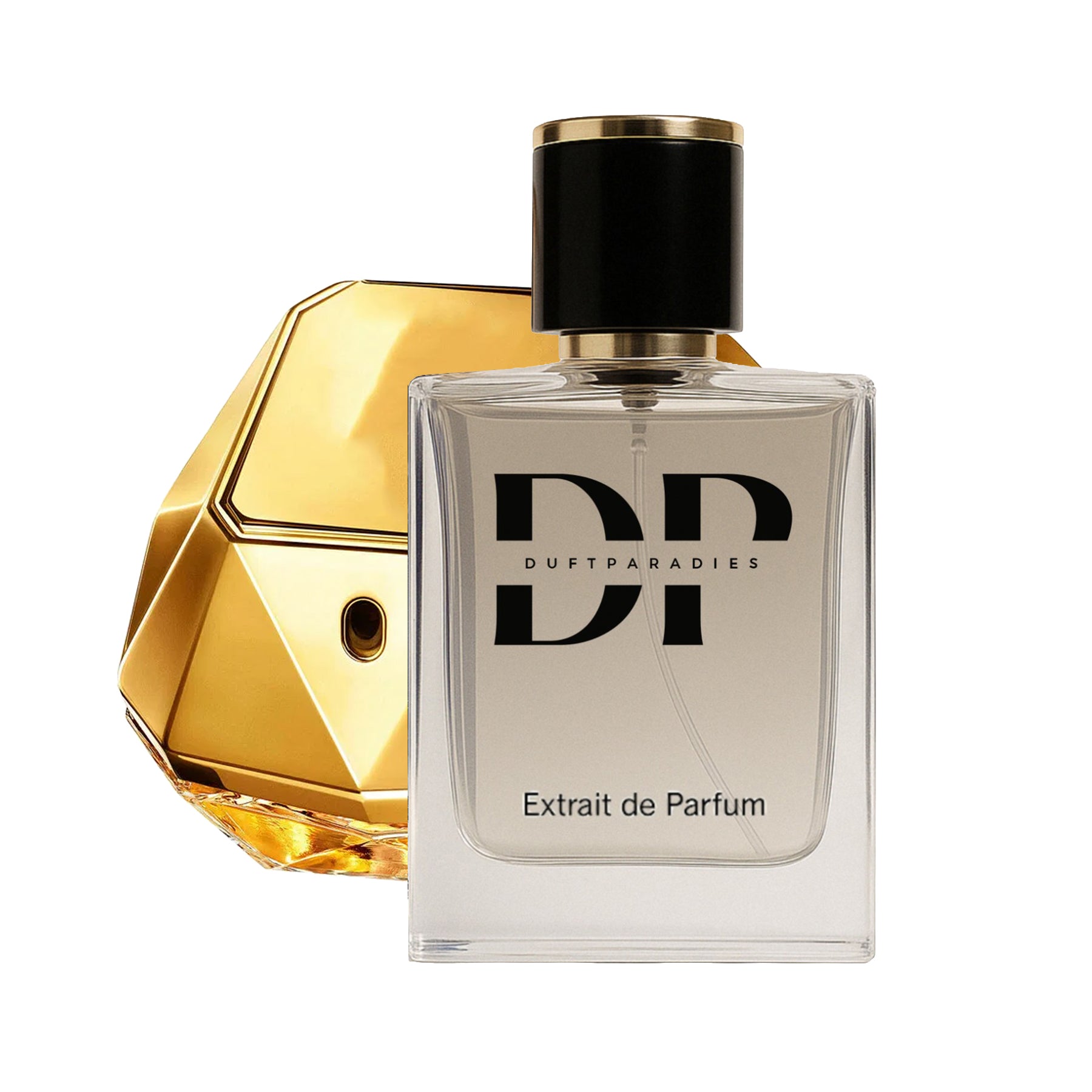 W5 Damen Love Millions Duftparadies, Parfümflasche mit floralem Design und goldener Kappe, elegant und feminin.