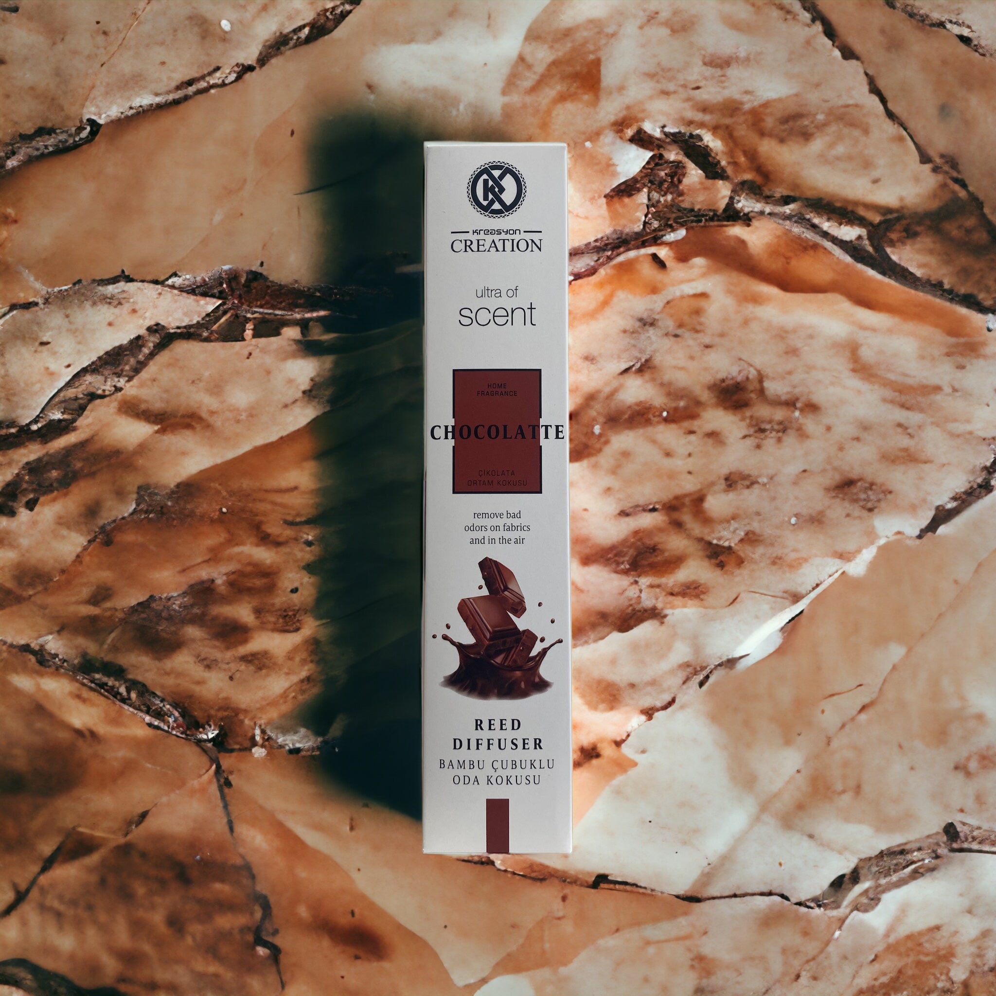 Chocolatte Duftöl von Die besten Duftzwillinge bei deinem Duftparadies, Flasche mit braunem Duftöl und Verpackung