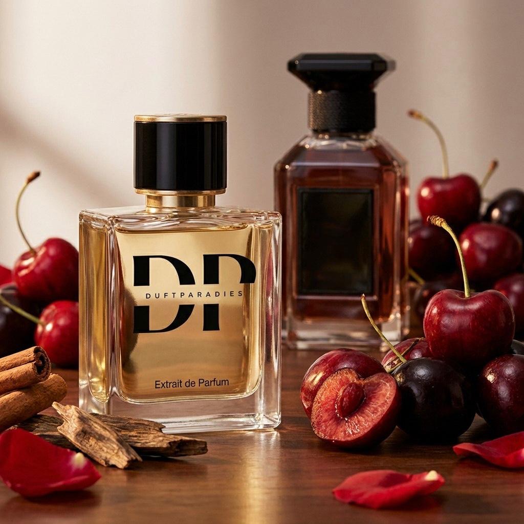 Duftparadies M333 Cherry & Oud Parfümflasche mit roter Kirsche und Oud-Duft, elegantes Flaschendesign, Nahaufnahme