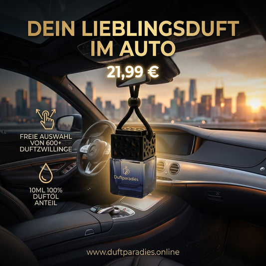 Autoduft von Duftparadies Kismet, Flasche mit Duftöl und Packung mit Autoduft-Refills, für Auto-Lufterfrischer.