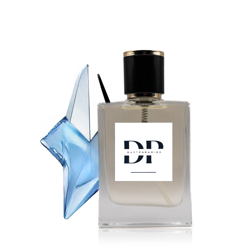 Duftparadies W12 Flasche mit Parfüm, klare Glasflasche mit schwarzem Deckel, elegante Duftverpackung sichtbar