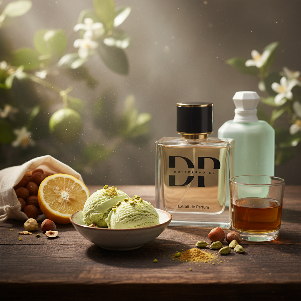 Duftparadies M289 Pistachio Duftkerze in Glas mit grünem Pistazien-Design, beruhigender Lichtschein, elegante Dekoration