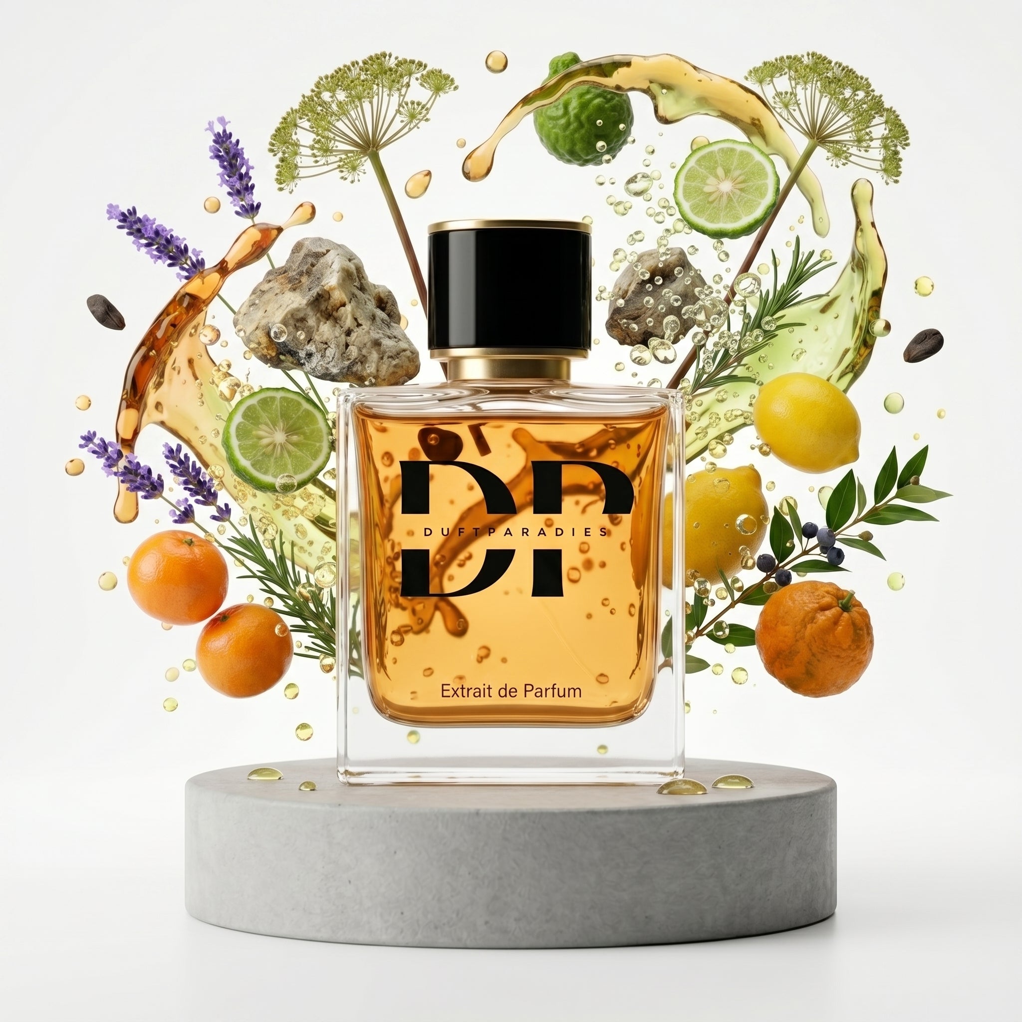 M1200 Portofino Duftparadies Parfümflasche mit eleganten Design, glänzende Oberfläche und goldene Akzente, auf weißem Hintergrund