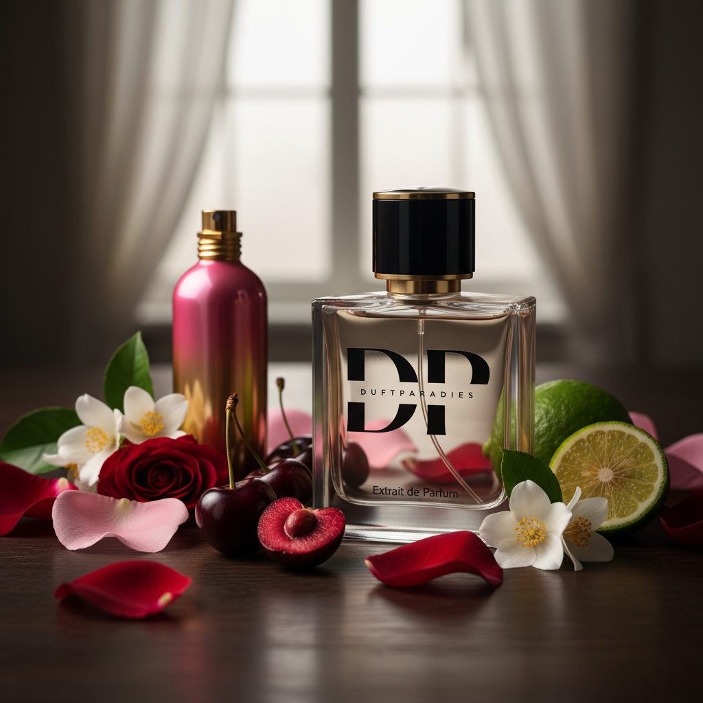 Verführerisches Duftparadies M208 Parfümflasche mit eleganter Gestaltung und goldenen Akzenten, auf weißem Hintergrund.