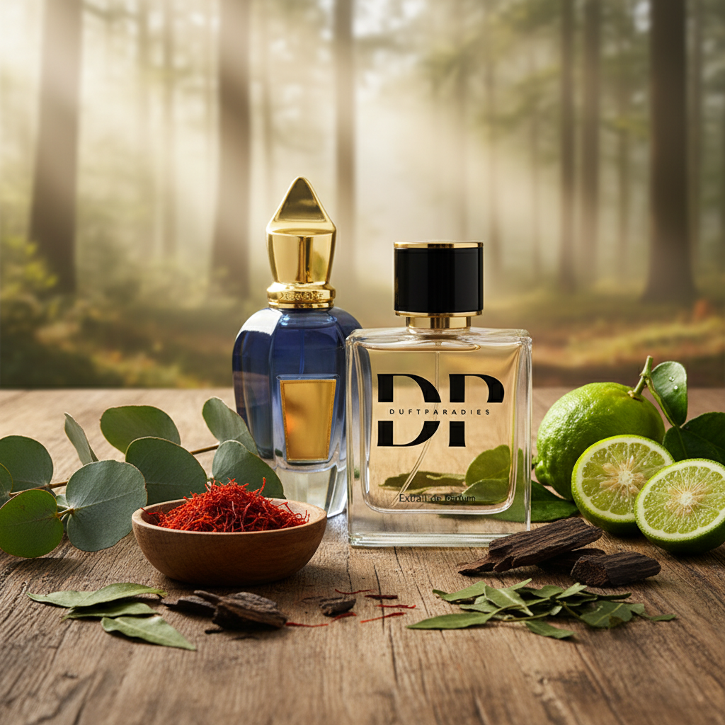 M270 Turin 22 Duftparadies Kismet Parfümflasche mit elegantem Design, klarer Flasche und goldfarbenem Deckel.