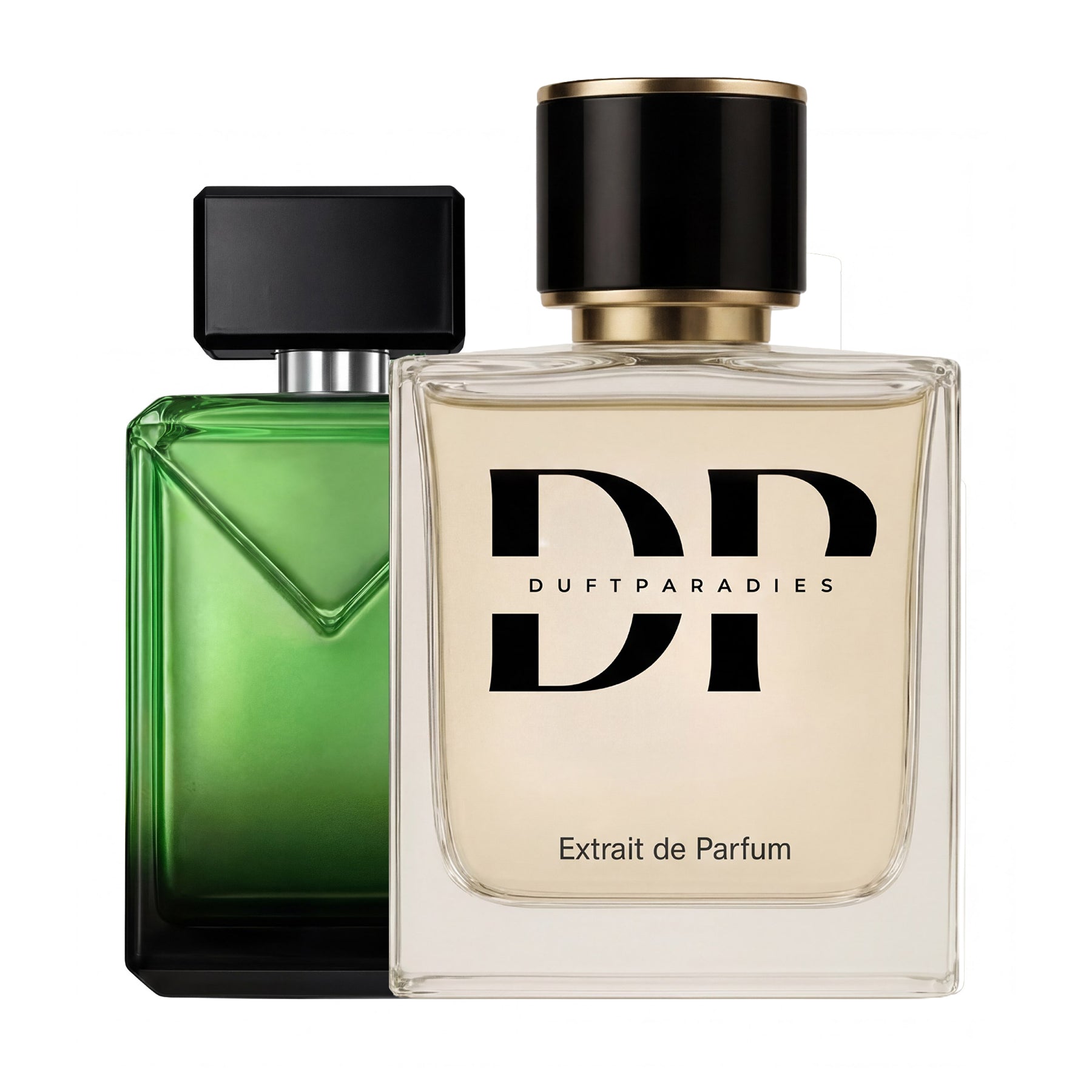 Duftparadies M334 Pradigm Duftflasche mit goldener Kappe und schwarzem Etikett, elegante Verpackung, hochwertiges Parfümdesign