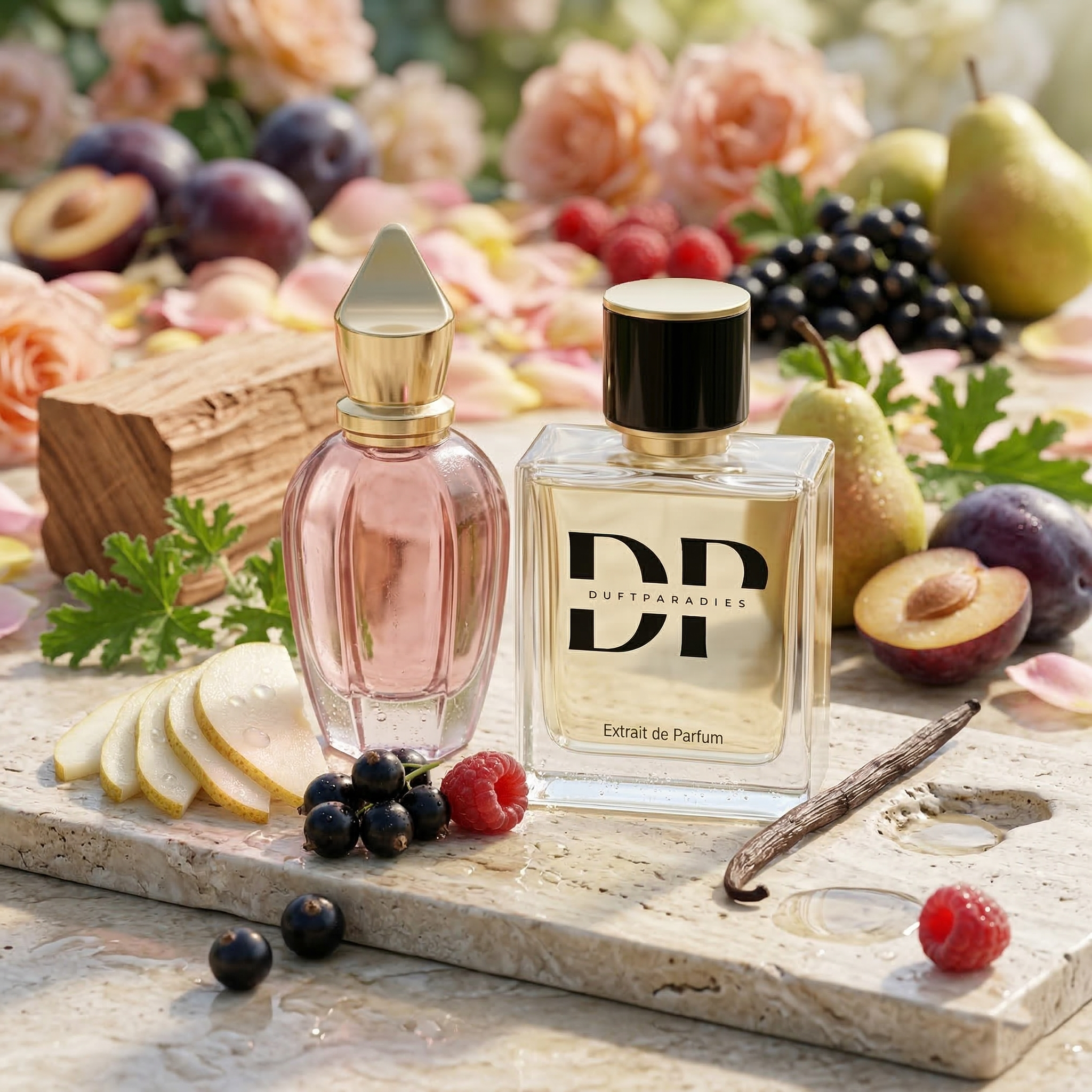 Duftparadies M348 XV Rosé Duftflasche mit rosa Design und Parfüm, elegante Verpackung, für feminine Duftnote.