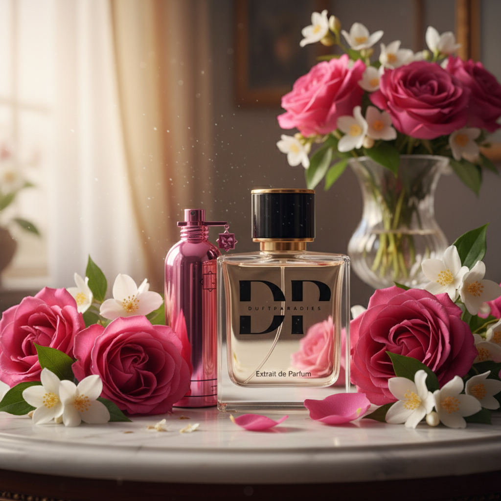 W124 Rose Musk Duftparadies: Flasche mit rosigem Muskduft, elegante Verpackung, ideal für Parfüm- und Duftliebhaber