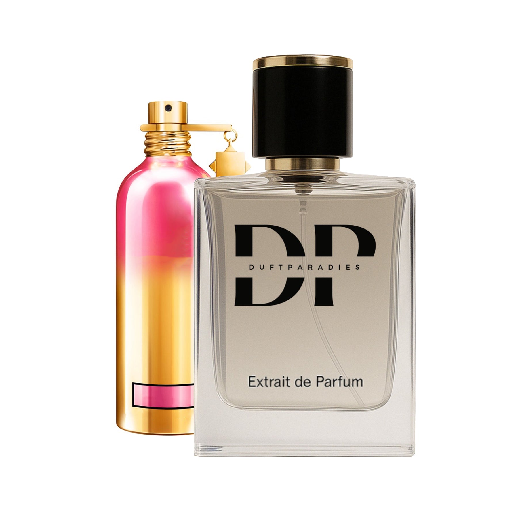 Duftparadies M208 Parfümflasche mit elegantem Design, flach und rechteckig, auf weißem Hintergrund sichtbar.