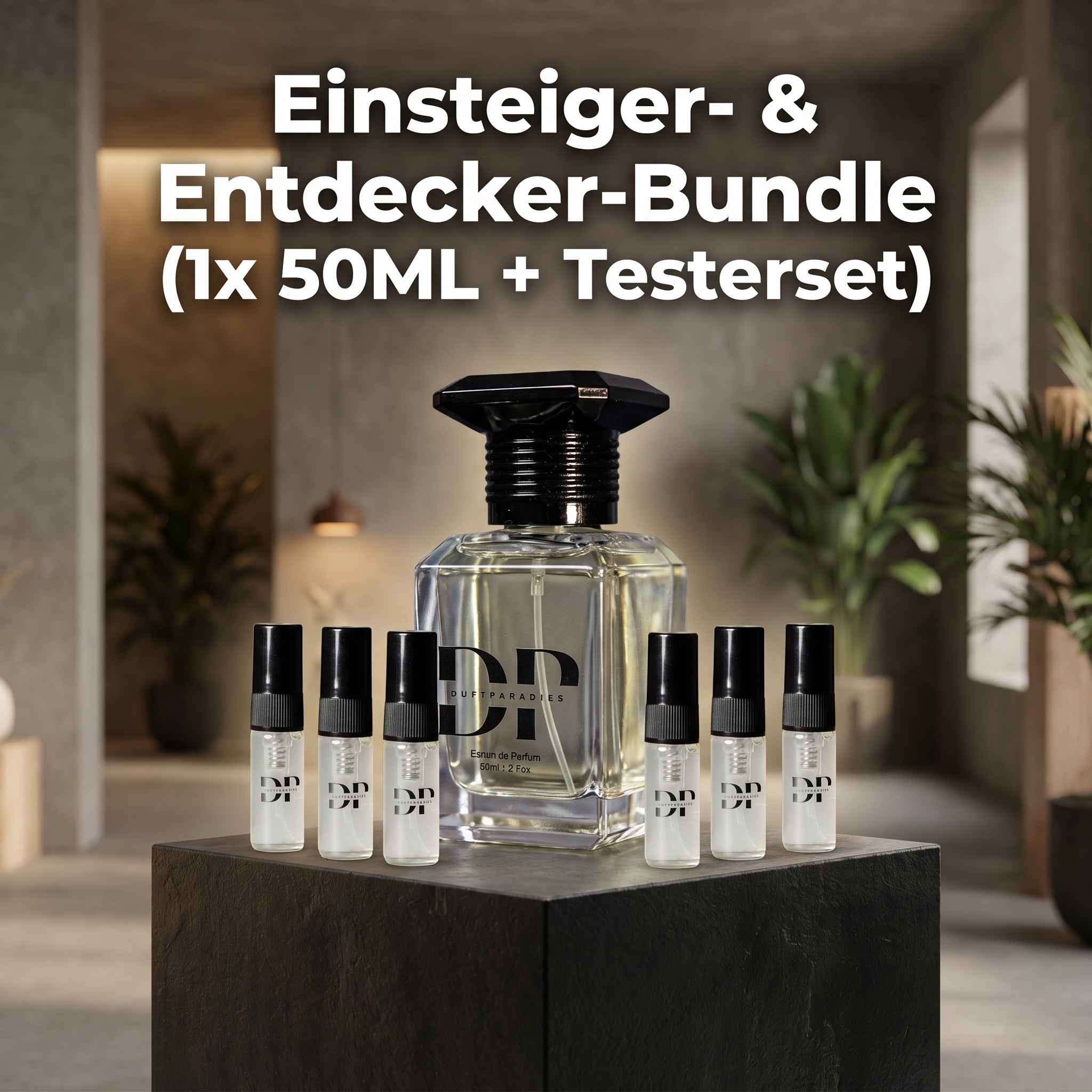 Einsteiger- und Entdecker-Bundle von Duftparadies mit 50ml Parfümflasche und Testerset, elegante Duftverpackung