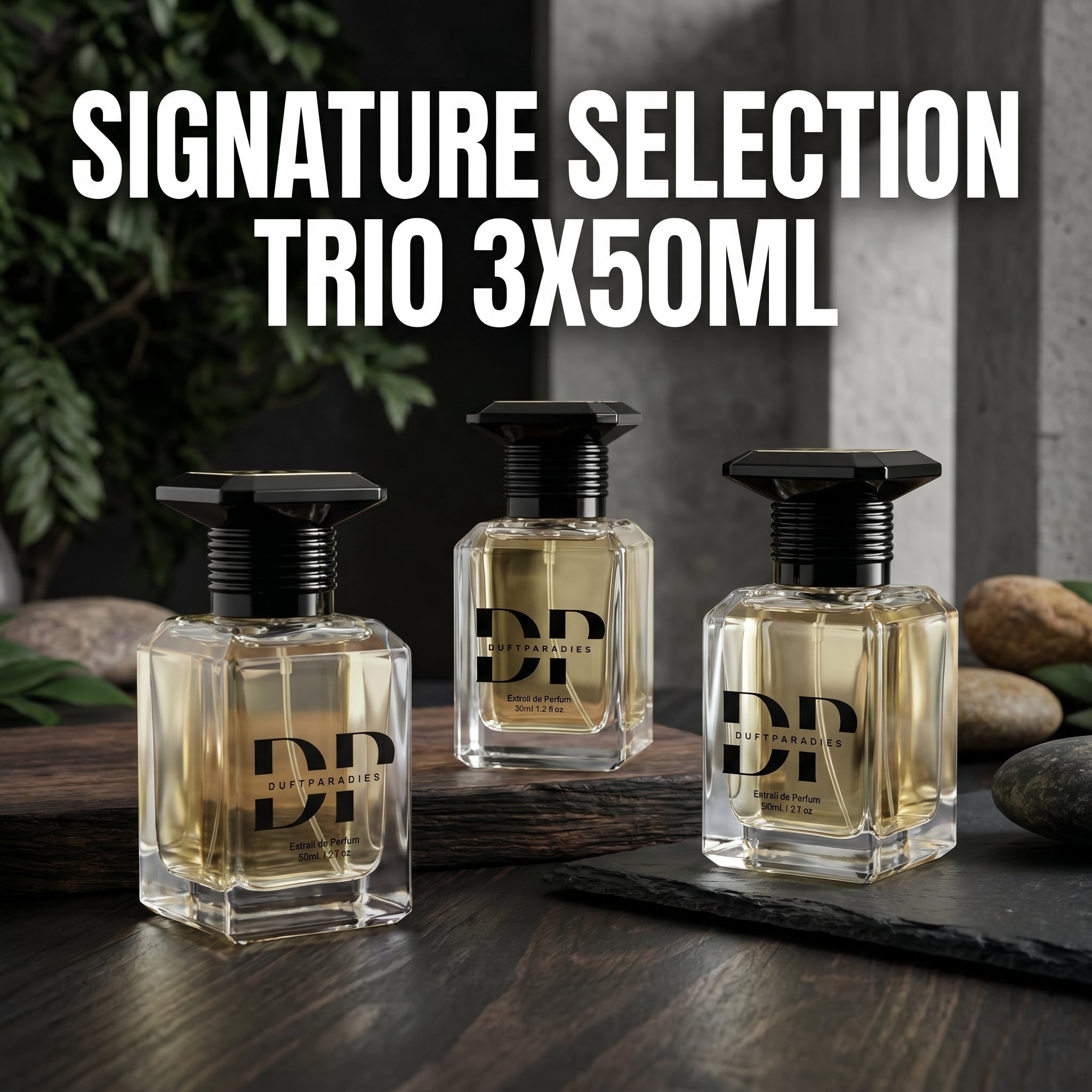 Dufthülle mit drei 50ml Parfümbüchern von Duftparadies, elegantes Flaschendesign in der Hand gehalten